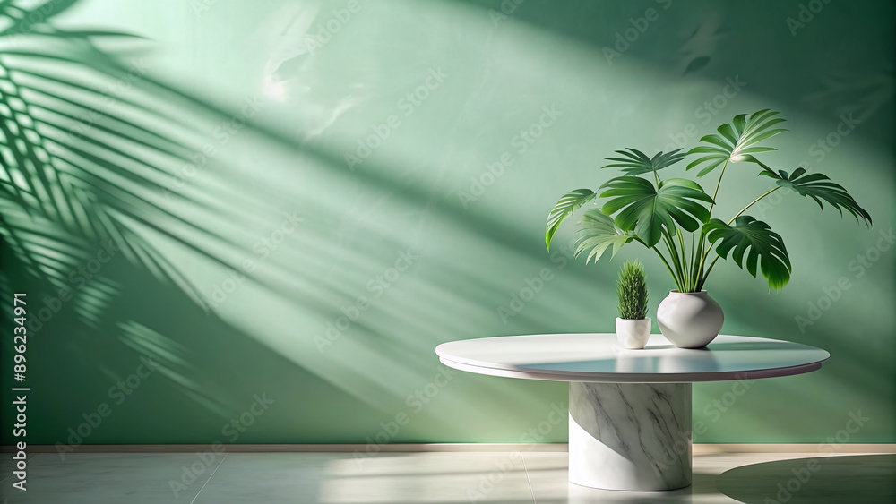 Elegant modern still life setup featuring a sleek white marble table top illuminated by soft dappled sunlight and adorned with leaf shadows on a pastel green backdrop. Elegant modern still life setup featuring a sleek white marble table top illuminated by soft dappled sunlight and adorned with leaf shadows on a pastel green backdrop.