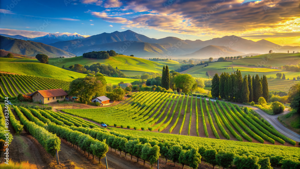 Fototapeta premium Vibrant illustration of a serene Chilean vineyard valley in South America, with rolling hills, lush green fields, and a picturesque winery amidst a tranquil landscape.