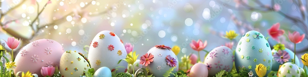 Designed colourful Easter eggs with bokeh background and
customizable to add your message with copy space image