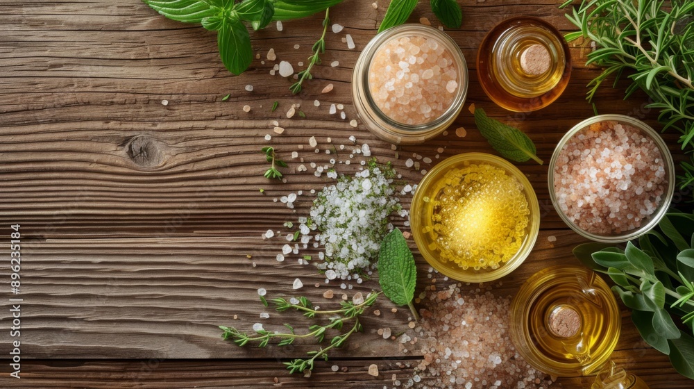 Spa ingredients such as essential oils, sea salts, and fresh herbs arranged on a rustic wooden background Spa ingredients such as essential oils, sea salts, and fresh herbs arranged on a rustic wooden background