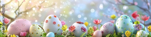 Designed colourful Easter eggs with bokeh background and customizable to add your message with copy space image