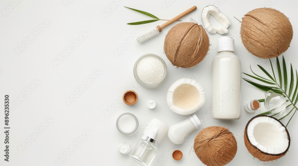 Coconut products and oil bottles neatly arranged on a clean white background Coconut products and oil bottles neatly arranged on a clean white background