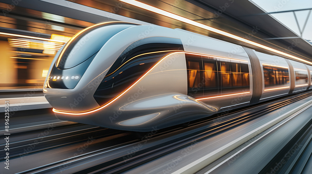 Futuristic high-speed train in motion at a station, featuring sleek design and illuminated lines with a blurred background conveying speed. Futuristic high-speed train in motion at a station, featuring sleek design and illuminated lines with a blurred background conveying speed.