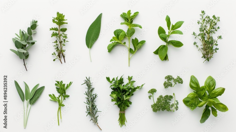 Fresh herbs in a flat lay on a white background