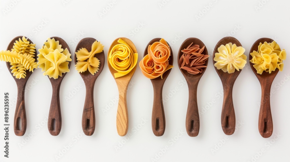 Fototapeta premium Different pasta types in wooden spoons, placed neatly on a white background