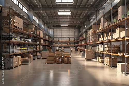 Warehouse Interior with Rows of Shelves Filled with Boxes