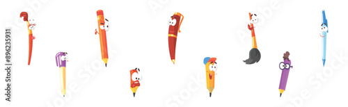 Pencil and Brush Character with Comic Face Vector Set