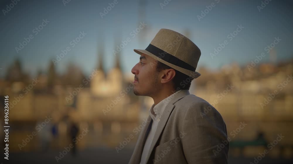 Stylish man in fedora gazes confidently into distance in urban setting at sunset Stylish man in fedora gazes confidently into distance in urban setting at sunset