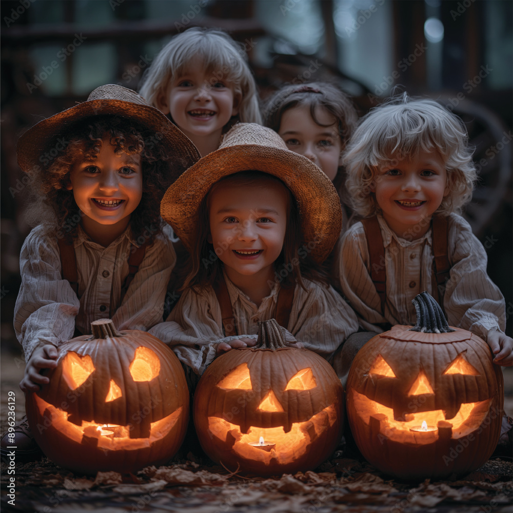 Smiling Children Posing With Pumpkins For Halloween Smiling Children Posing With Pumpkins For Halloween
