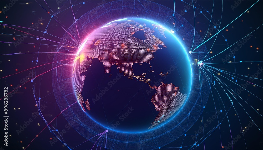 Earth is shot from outer space, showcasing networks, telecommunications, celestial matter, and advanced technology communication systems, highlighting global connectivity, satellite technology, and pl Earth is shot from outer space, showcasing networks, telecommunications, celestial matter, and advanced technology communication systems, highlighting global connectivity, satellite technology, and pl
