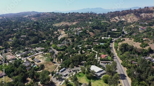 Afternoon aerial view of the sprawling neighborhood houses and hills of La Habra Heights, California, USA. photo