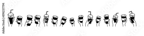 Hands with coffee doodle set. Line art hand drawn illustration. Paper disposable cups. Latter, tea, coffee, mocha, matcha, espresso, Frappuccino icon set. Crowd of people. Men and women hand