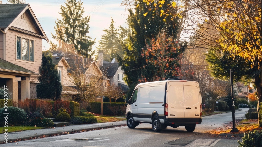 Obraz premium Commercial van delivers cargo to suburban custmers. Shipping parcels goods and orders in the countryside. Light duty truck