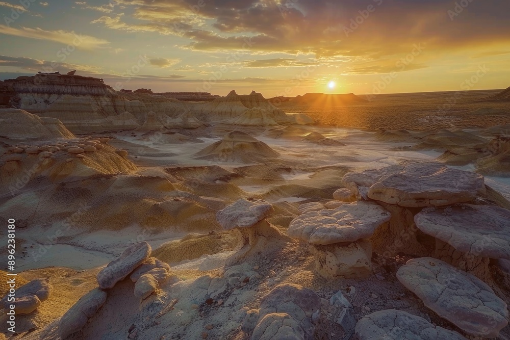 Obraz premium A stunning sunset scene in a desert landscape with sand dunes and distant mountains