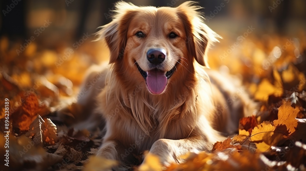Happy golden retriever dog on natural background at autumn Happy golden retriever dog on natural background at autumn