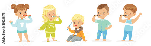 Kids Brushing Teeth Enjoy Oral Hygiene Routine Vector Set