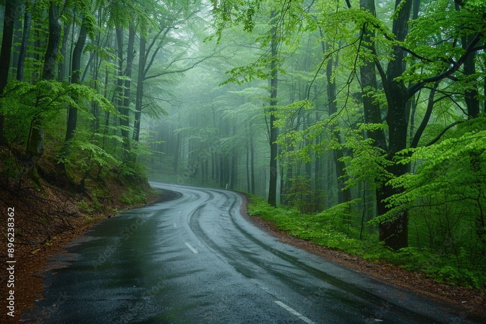 Fototapeta premium A photo of a wet road surrounded by trees in a dense forest