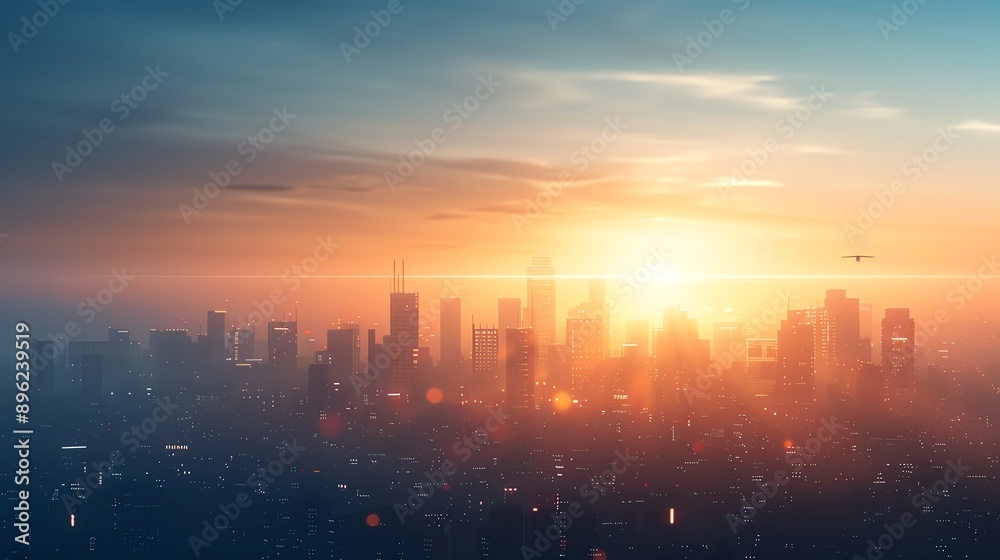 Silhouette of a city skyline at sunset with a beautiful golden glow.