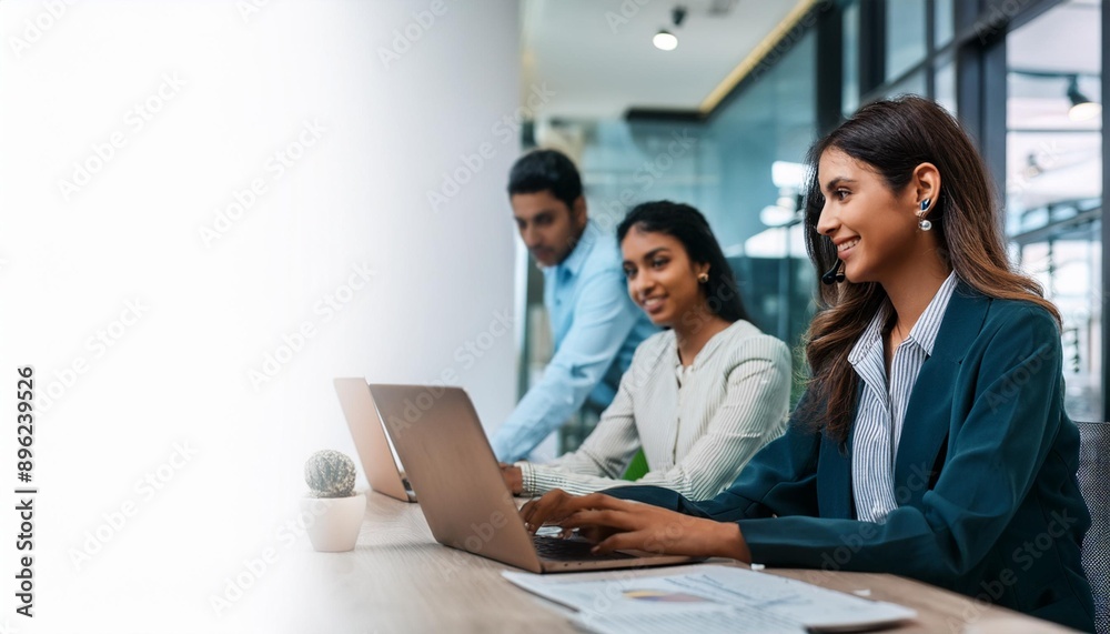 A diverse team collaborating in a modern office, working on laptops and participating in a conference call A diverse team collaborating in a modern office, working on laptops and participating in a conference call