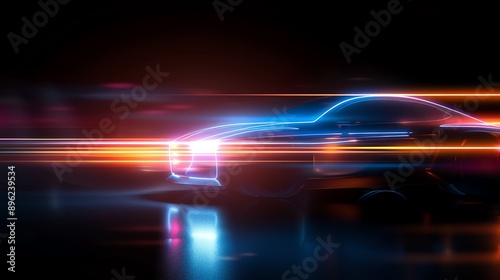 Abstract neon car silhouette with speed lines on a dark background.