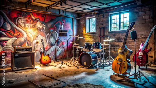 Electric guitars, amplifiers, and drums scattered around a dimly lit, graffiti-covered garage, evoking the raw energy and rebellious spirit of a grunge rock band. photo