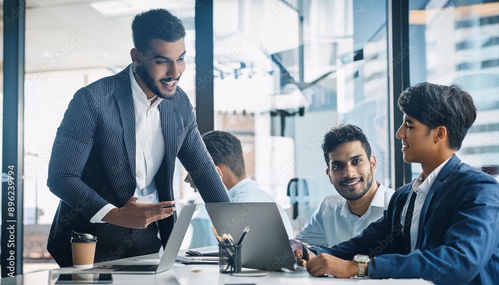 A diverse team collaborating in a modern office, working on laptops and participating in a conference call A diverse team collaborating in a modern office, working on laptops and participating in a conference call