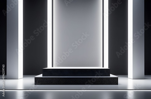 Gray podium in a gray 3d room with light effects creating volume. Minimalist square pedestal for product placement and advertising.