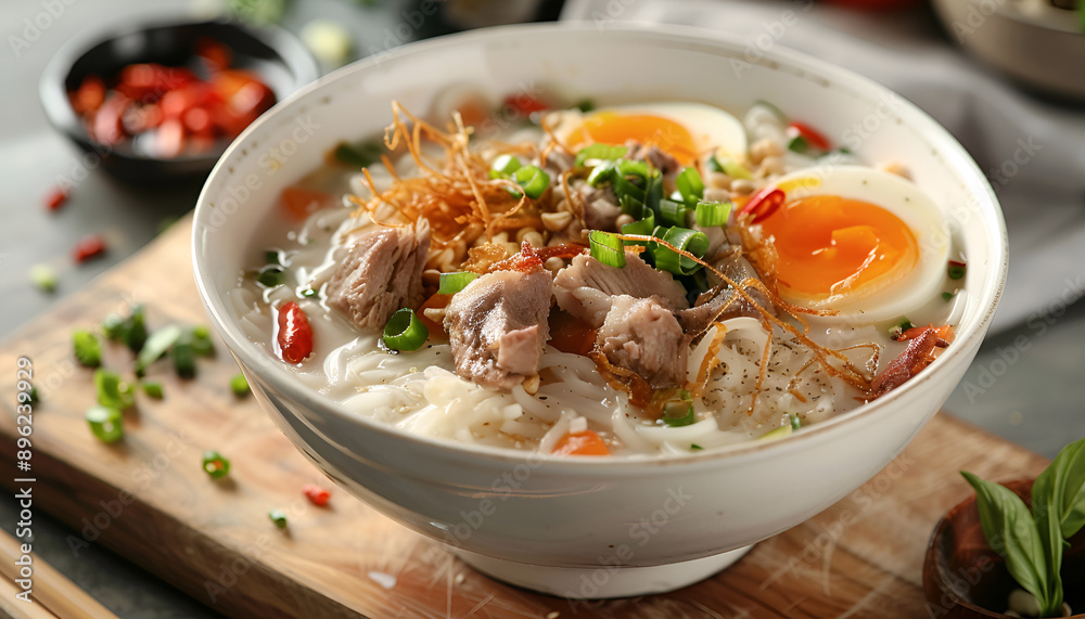 Bowl of delicious rice noodle soup with meat and egg on wooden board, closeup Bowl of delicious rice noodle soup with meat and egg on wooden board, closeup