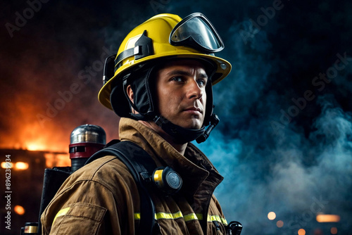 Portrait of concentrated fireman in firefighter uniform and helmet at dark urban background with smoke and blue light, looking away. Global earth fire problematic concept. Gen ai. Copy ad text space