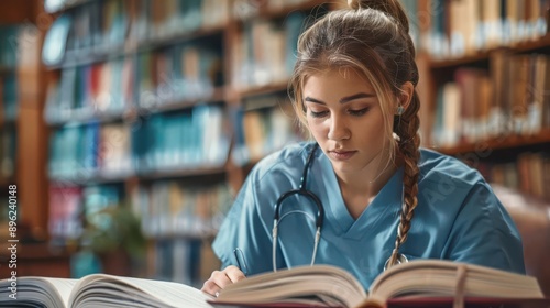 Student nurse studying medical textbooks in a library, education