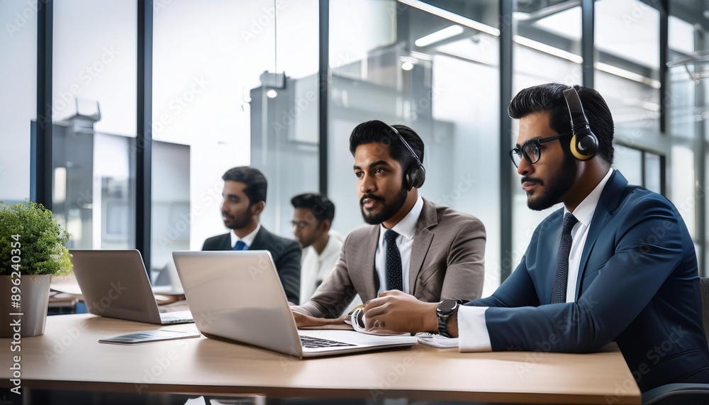 A diverse team collaborating in a modern office, working on laptops and participating in a conference call A diverse team collaborating in a modern office, working on laptops and participating in a conference call