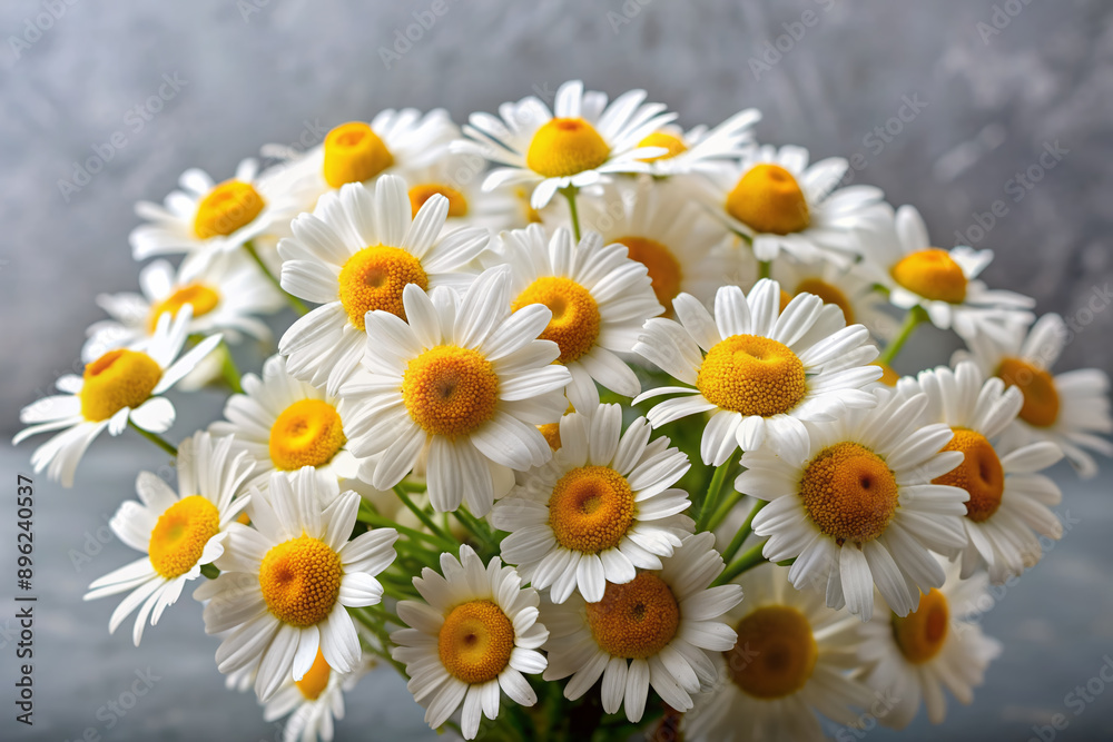 Obraz premium Delicate white chamomile flowers with yellow centers bloom in a lush bouquet, popping against a soft grey background, exuding serenity and calming ambiance.