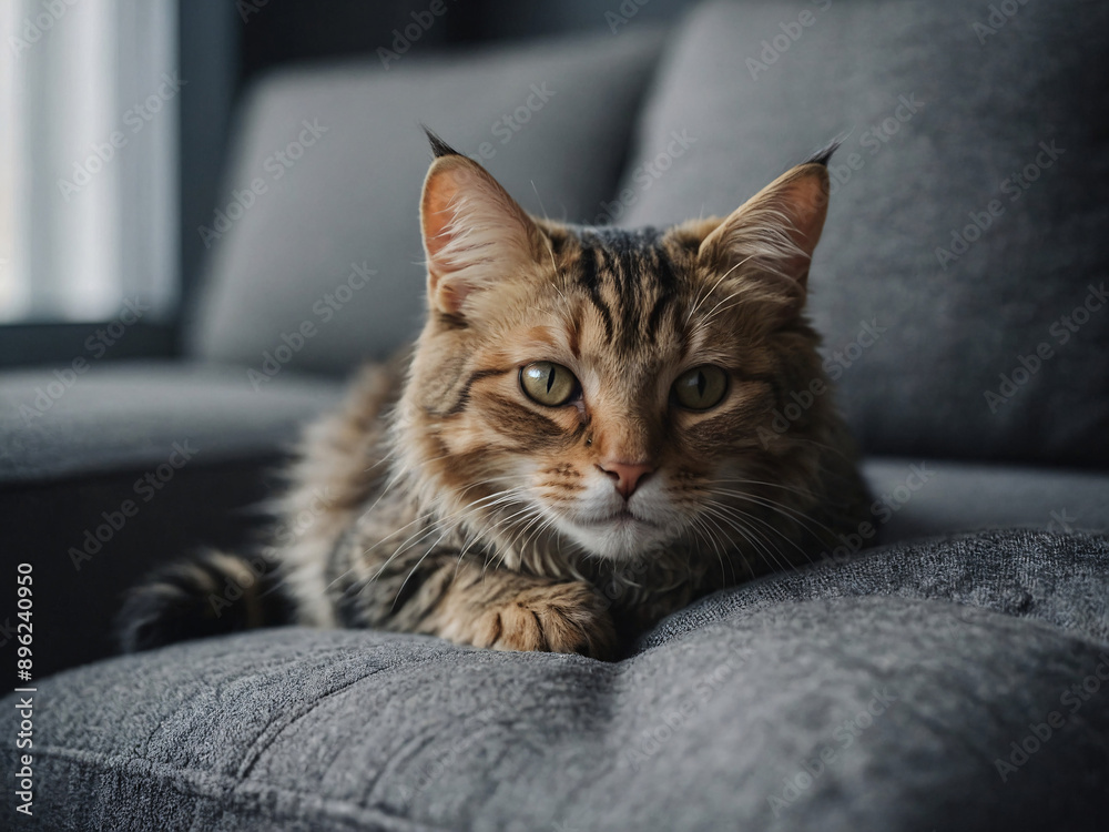 Cute little cat resting on grey sofa Cute little cat resting on grey sofa