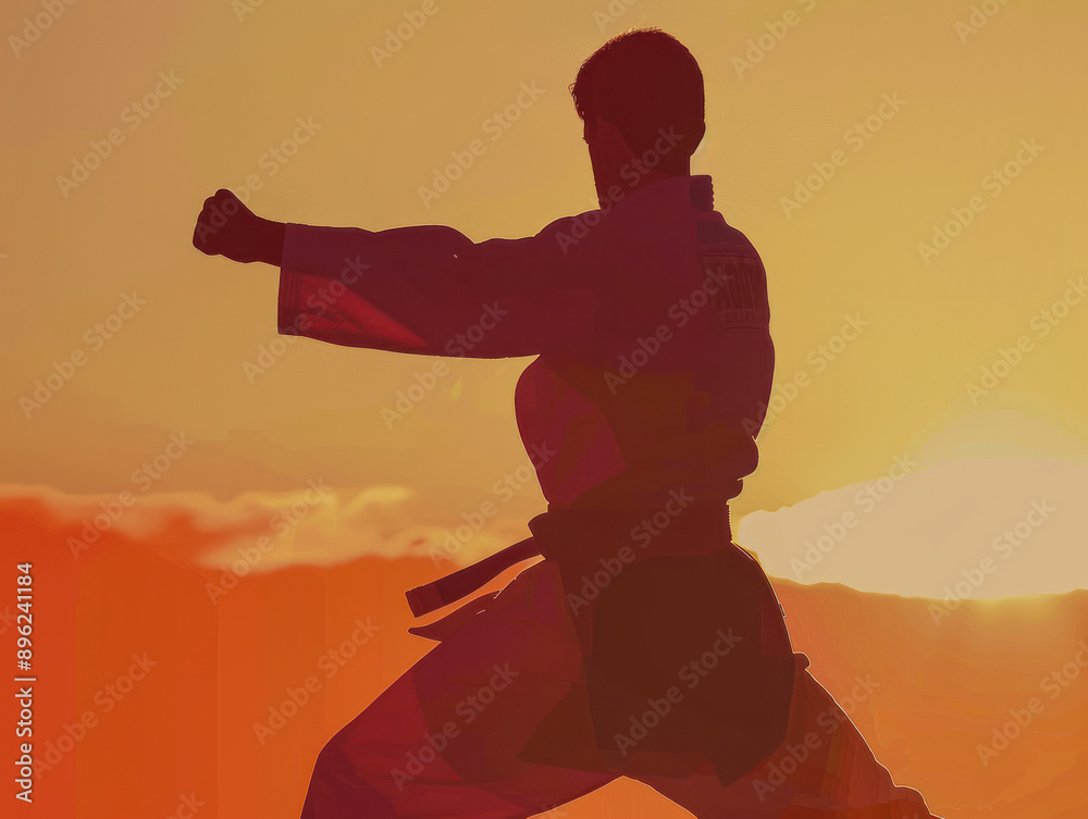 Silhouette of a martial artist practicing karate at sunset Silhouette of a martial artist practicing karate at sunset