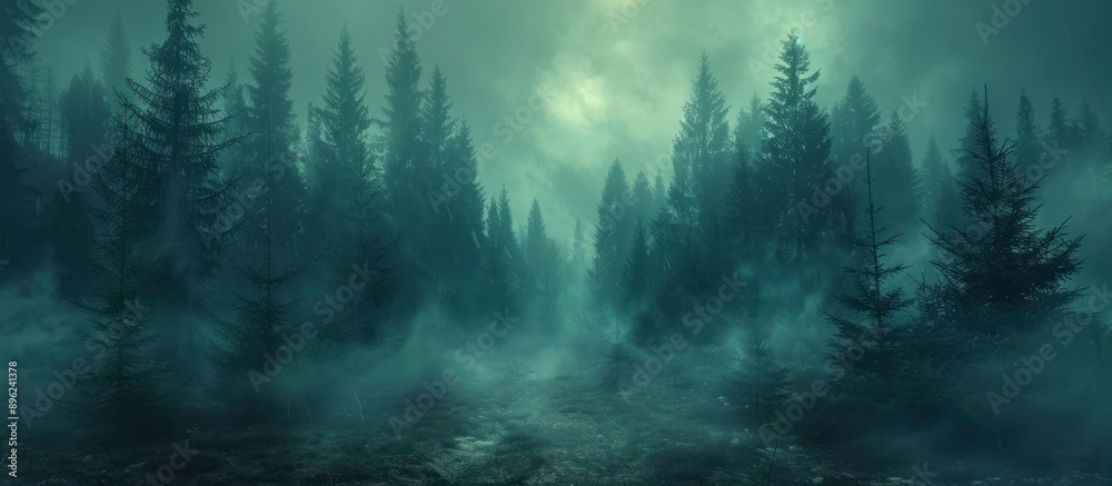 The interior of the pine forest is dark and eerie The interior of the pine forest is dark and eerie