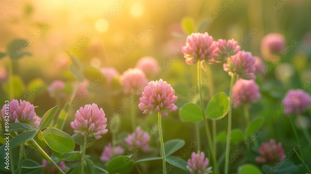 Fototapeta premium Delicate strawberry clover flowers illuminated by the warm light of a sunset
