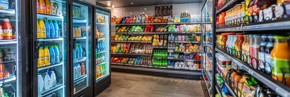 A wide shot of a well-stocked convenience store with various food products and drinks in multiple vending machines A wide shot of a well-stocked convenience store with various food products and drinks in multiple vending machines