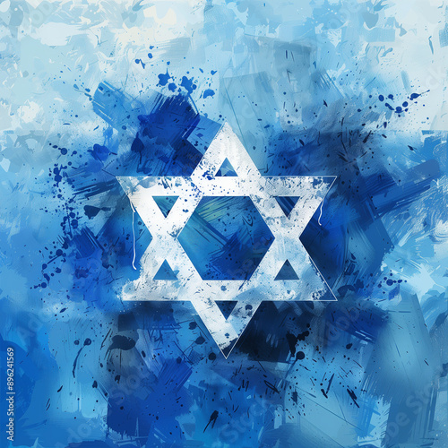 An artistic splattered paint representation of the Israeli flag on a white background.