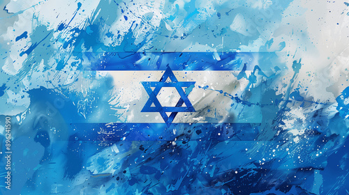 An artistic splattered paint representation of the Israeli flag on a white background.