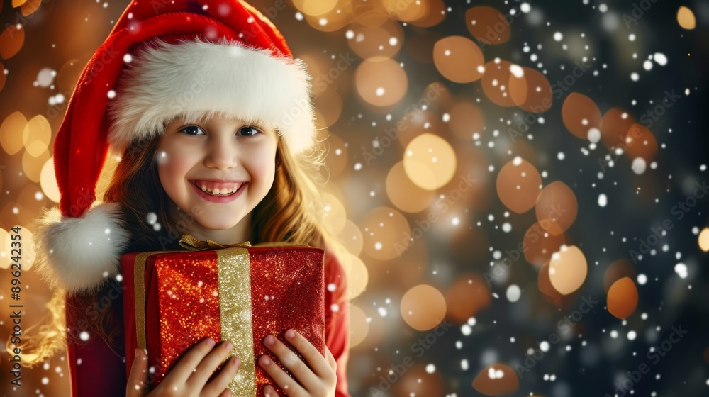Cheerful girl wearing a Santa hat and holding a wrapped gift box Cheerful girl wearing a Santa hat and holding a wrapped gift box