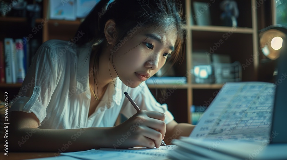 Focused student studying at night in library Focused student studying at night in library
