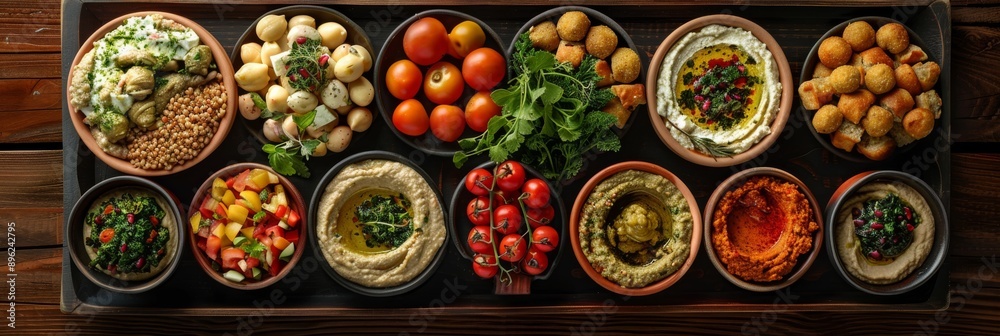 A wooden platter filled with various Mediterranean appetizers including hummus, falafel, and baba ghanoush A wooden platter filled with various Mediterranean appetizers including hummus, falafel, and baba ghanoush