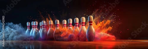 Bowling pins are knocked down with a colorful burst effect on a dark lane, with smoke and dust swirling around the pins
