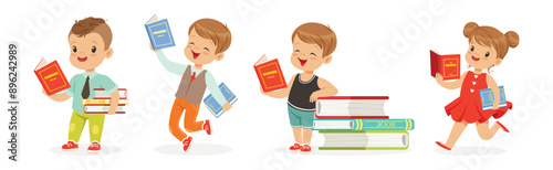 Kids Reading Books and Enjoying Literature Vector Set