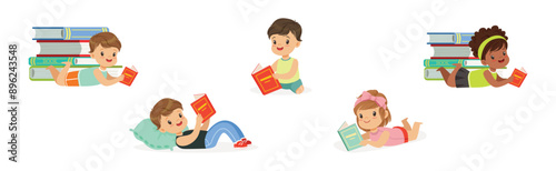 Kids Reading Books and Enjoying Literature Vector Set