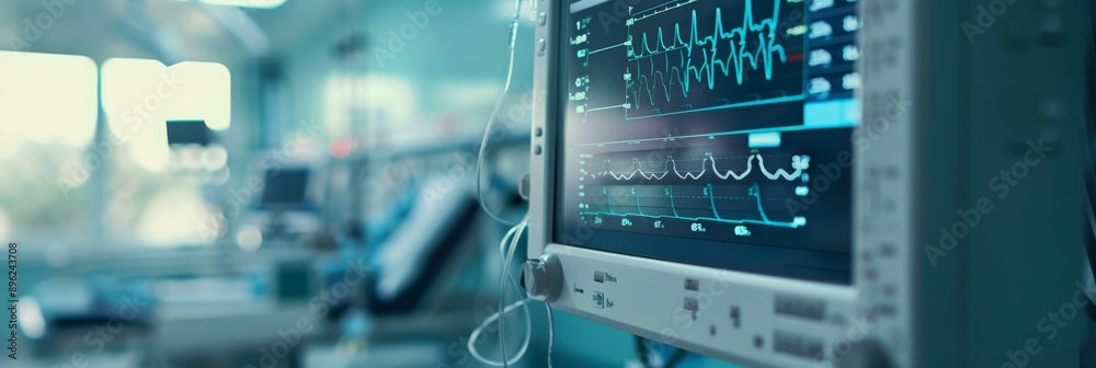 A close-up shot of a patient vital signs monitor in a hospital setting. The monitor displays detailed graphs of heart rate and other readings A close-up shot of a patient vital signs monitor in a hospital setting. The monitor displays detailed graphs of heart rate and other readings
