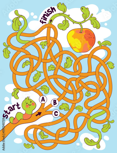 Children logic game to pass the maze. Help caterpillar through labyrinth. Educational game for kids. Attention task. Choose right path. Funny cartoon character. Worksheet page. Vector illustration