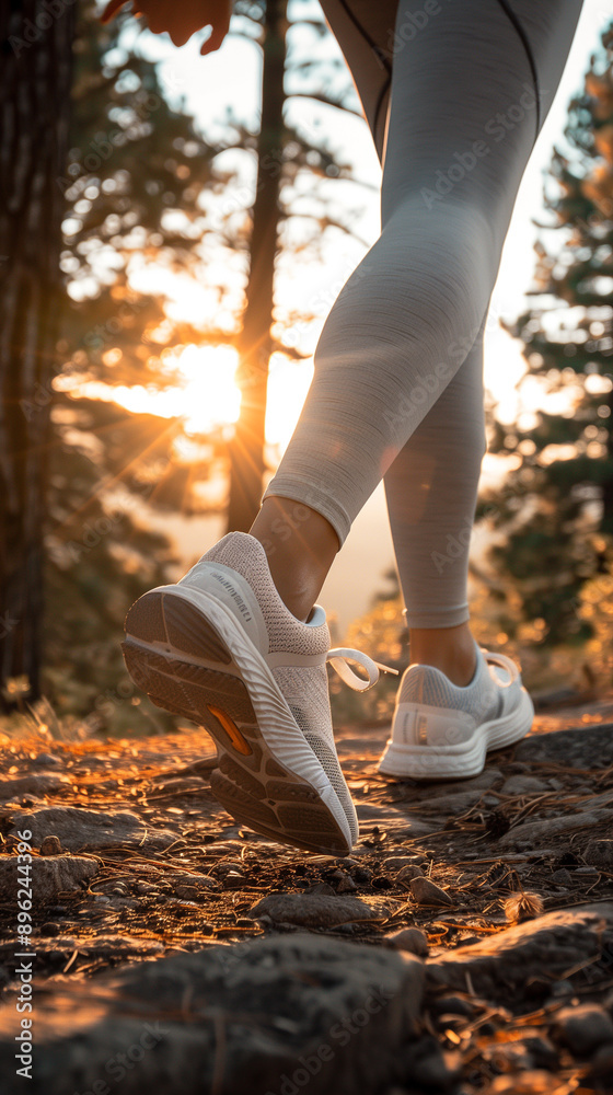 Close-up of runner legs wearing sports shoes and jogging to the sunset, beatuliful summer evening, healthy activity