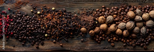 A close-up view of coffee beans, star anise, cloves, and walnuts arranged on a weathered wooden surface. The coffee beans and spices are nestled together in a rustic, organic display