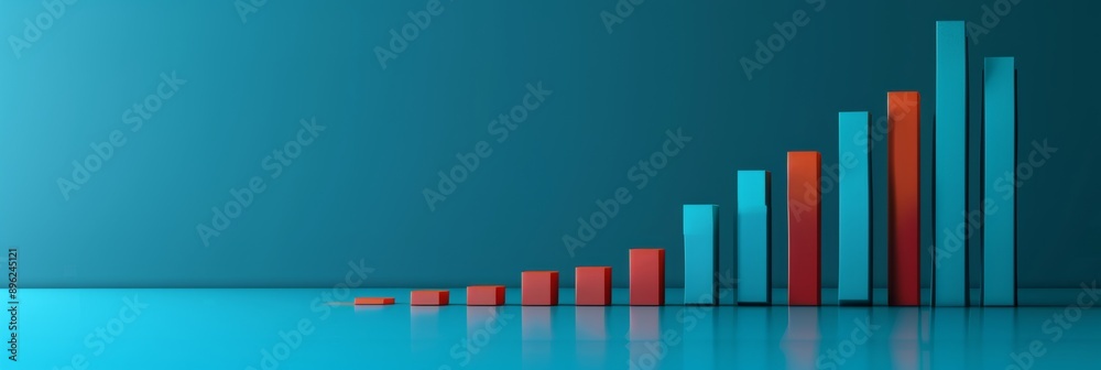Blue background with rising trend bar graph. Alternating red and blue bars, red bars taller. Copy space on left side Blue background with rising trend bar graph. Alternating red and blue bars, red bars taller. Copy space on left side